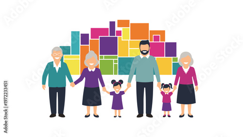 Large multi-generational family standing together against a colorful geometric background, representing love, unity, and support across ages.