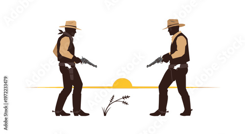 二人の男性が帽子をかぶり、銃を持ちながら対峙しているシルエットのイラストです。
