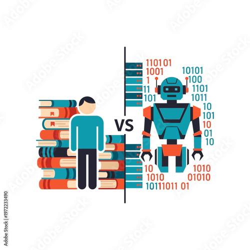 人間とロボットが対比されているイラストで、左側は本に囲まれた人、右側はロボットの画像です。