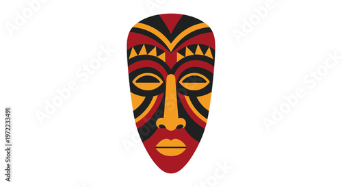 伝統的なアフリカの仮面で、赤、黒、黄色の幾何学模様が特徴的なデザインです。
