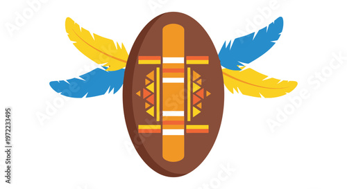 伝統的なアフリカの装飾品で、中央に模様入りの木製の棒と色とりどりの羽根が付いている。