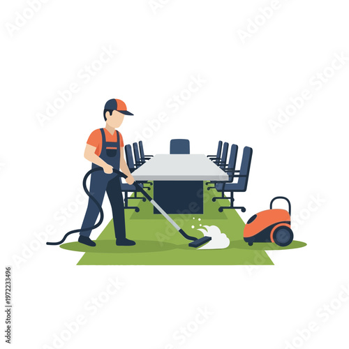 会議室の長テーブルを掃除している男性スタッフのイラストです。