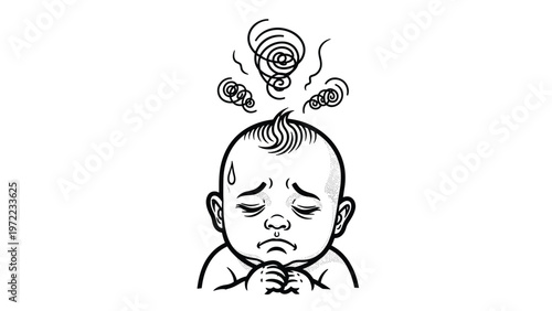 Black and white illustration of a sad and sick baby looking down with dizzy swirls above its head, representing childhood health issues and care.