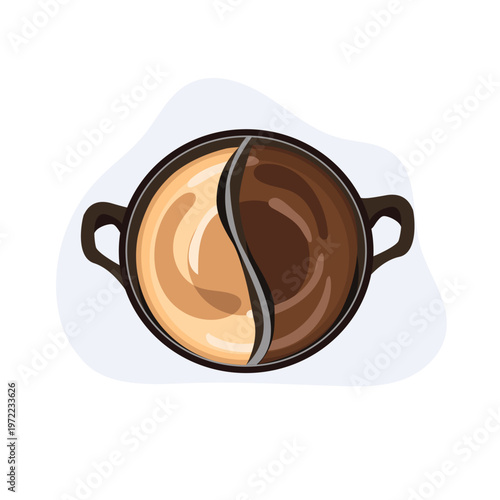 divided hot pot dual broth top view vector illustration sukiyaki dark soup and pork bone broth