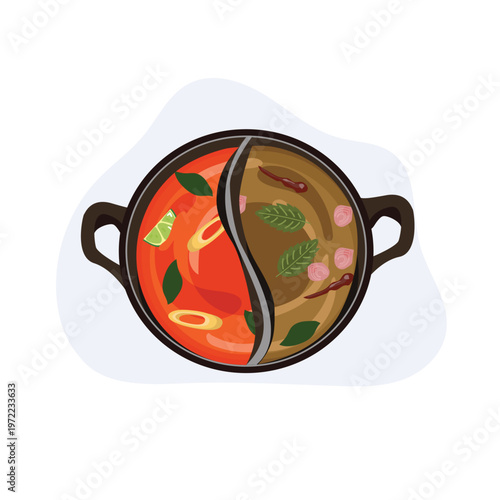 split hot pot with spicy tom yum and herbal chim chum broth top view. for thai food menu design