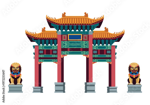 伝統的な中国の門と守護獅子の彫刻が描かれたイラスト。