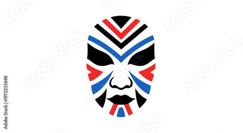 伝統的な仮面のデザインで、黒、赤、青の模様が特徴的な顔のアート作品。