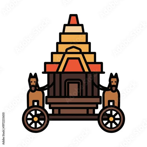 伝統的な山車のデザインで、木製の車輪と装飾された屋根が特徴的な祭りの乗り物です。