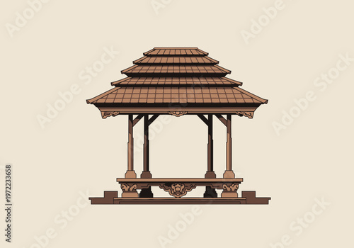伝統的な木造の東屋で、複層の屋根と柱が特徴的な日本の休憩所のイラストです。