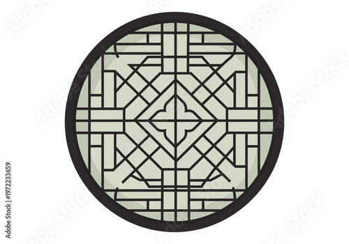 伝統的な格子模様の円形の窓で、幾何学的なデザインが特徴的です。