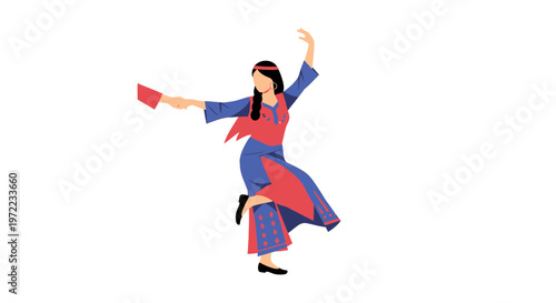 伝統的な衣装を着た女性が踊っている姿を描いたイラストです。