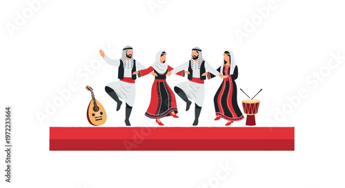 伝統的な衣装を着た男女が舞台で踊りながら音楽を楽しんでいる様子。