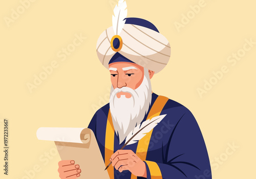 伝統的な衣装を着た男性が巻物を持ち、ペンで書きながら考えている様子を描いている。
