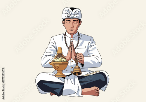 伝統的な衣装を着た男性が座り、手を合わせて祈りを捧げている姿を描いている。