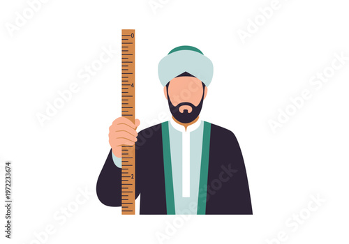 伝統的な衣装を着た男性が身長を測るために定規を持ち、正面を向いて立っているイラストです。