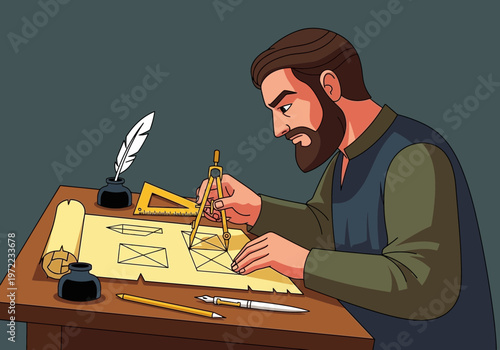 伝統的な設計図を描く男性のイラスト。紙とコンパスを使い、詳細な図面を作成している様子。