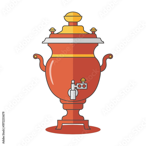 伝統的な赤い茶釜のイラストで、金色の装飾と取っ手が特徴的です。