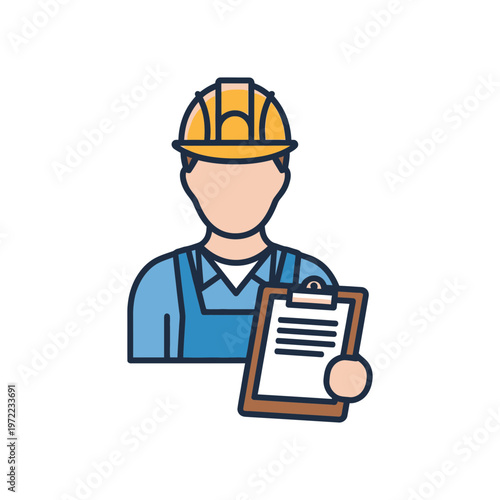 作業服を着た人物がヘルメットをかぶり、書類を持っているイラストです。
