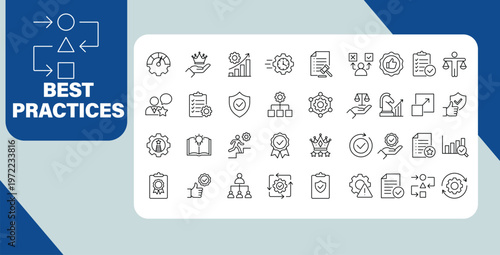 Best practices concept banner with business strategy quality standards and optimization line icons set