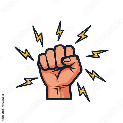 力強く握られた拳と稲妻のような線が描かれ、エネルギーと決意を表現しているイラストです。