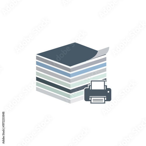 印刷された紙の積み重ねとプリンターのアイコンが描かれたグラフィックデザイン。