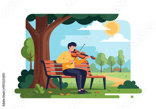 公園のベンチに座り、木の下でバイオリンを弾いている男性のイラスト。