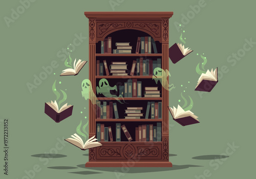 古い木製の本棚に本が詰まっており、いくつかの本が空中に浮かび、緑色の煙と幽霊のような顔が漂っている。