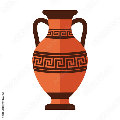 古典的な陶器の壺で、赤と黒の幾何学模様が施されている。