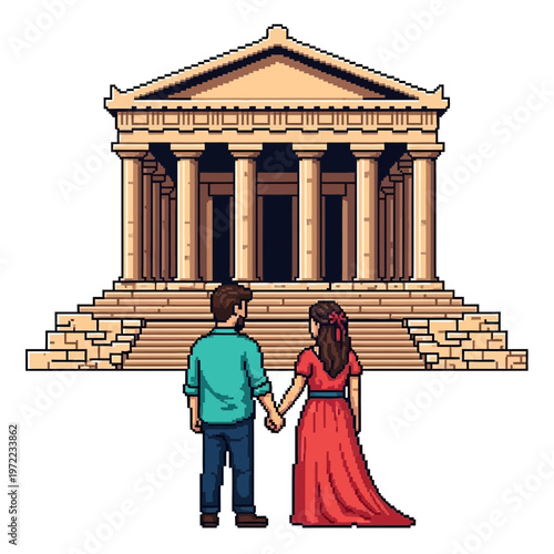 古代ギリシャの神殿を背景に、手をつなぐ男女のカップルのピクセルアート風イラスト。
