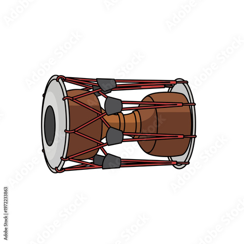 和太鼓の画像で、木製の胴と張られた皮、そして赤い紐で固定された太鼓の構造が見える。