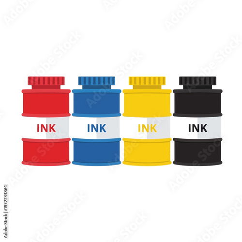 四色のインク容器が並んでおり、それぞれ赤、青、黄、黒のインクが入っている。