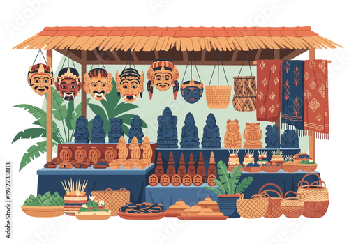 土産物店の屋台に木彫りの仮面や動物像、バスケットなどの工芸品が並んでいる様子。