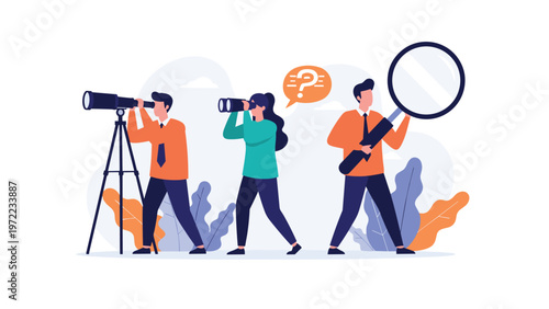 Business concept of search and discovery showing three professionals using a telescope, binoculars, and a large magnifying glass to find answers.