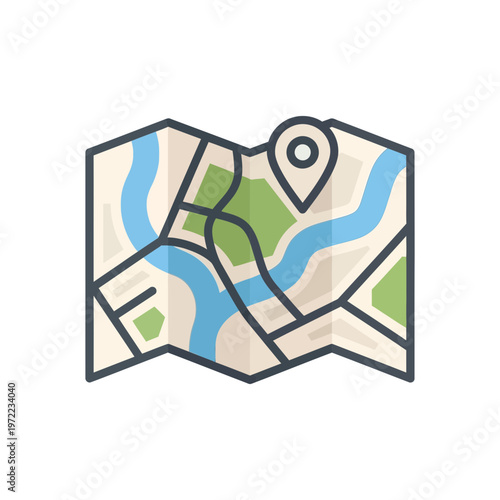 地図のアイコンで、川や道路、緑地帯が示されている。