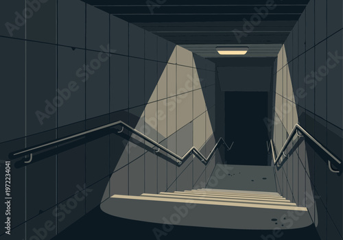 地下通路の階段と手すりが描かれた、暗く静かな地下構造のイラスト。