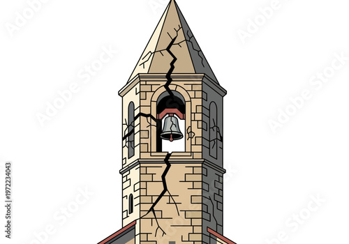 壊れた古い鐘楼で、大きな亀裂が入り、ひび割れが目立つ建物のイラストです。