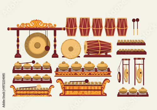 多彩な太鼓と打楽器のイラスト、さまざまな形状とサイズの楽器が整然と配置されている。