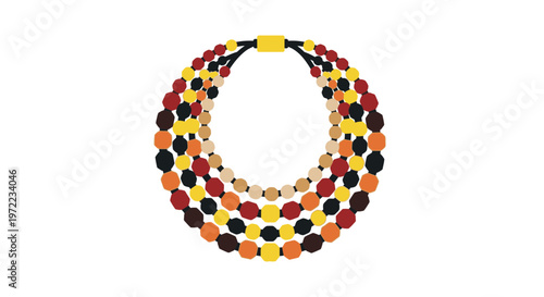 多色のビーズで作られたネックレスの画像で、円形のデザインが特徴的です。