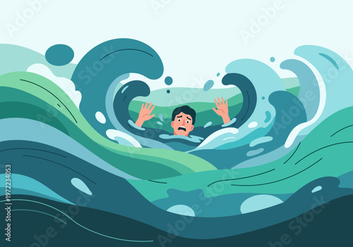 大きな波の中で溺れそうになっている男性のイラスト。水しぶきと緊迫した表情が描かれている。