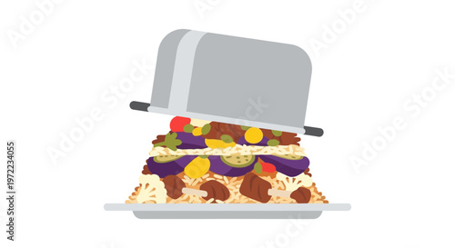 大きな皿の上に多彩な料理と帽子が重ねられたユニークな食事のアート作品です。