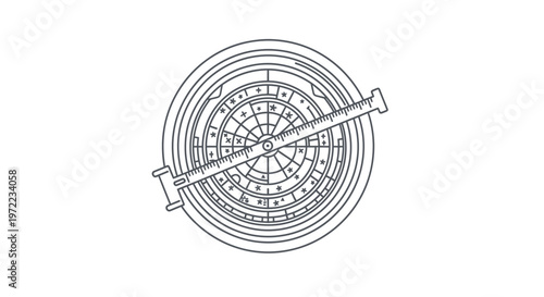 天体観測用の望遠鏡と星座図が描かれた線画のイラスト。