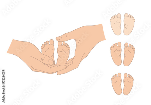 大人の手が赤ちゃんの足を優しく支えているイラスト。