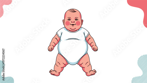 Chubby baby with rosy cheeks wearing a white onesie standing against a white background with decorative soft abstract shapes in corners.