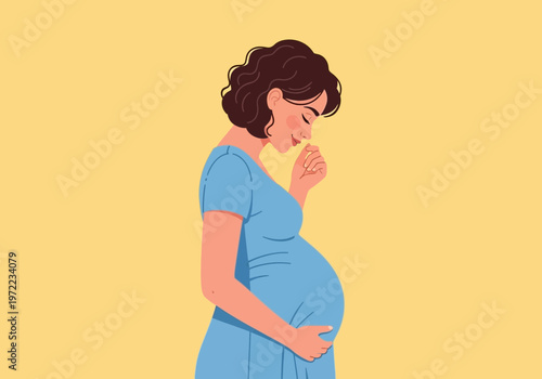 妊婦の女性が優しくお腹を撫でながら微笑む姿を描いたイラストです。