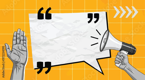 Bright orange grid background with white speech bubble, quotation marks, raised hand, and megaphone, symbolizing communication, dialogue, expression, speaking up, sharing messages, and public announce