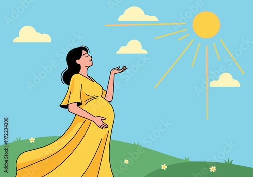 妊婦の女性が緑の丘の上で、晴れた空の下、リラックスしている様子を描いたイラストです。