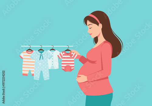 妊婦の女性が洗濯物の赤ちゃん用衣服を見ている様子を描いたイラストです。