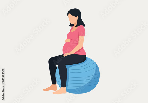 妊婦の女性が青いバランスボールに座っているシンプルなイラストです。