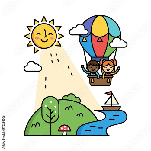 子供たちが熱気球に乗って空を飛び、自然の風景や川を楽しんでいる様子を描いたイラストです。