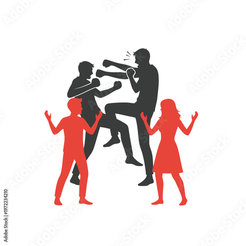 子供と大人が格闘技の練習をしている様子を描いたイラスト。子供がパンチを打ち、大人が防御している。